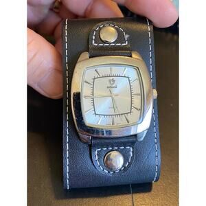 Silver Tone Dollhouse Quartz Watch with Wide Leather Strap
